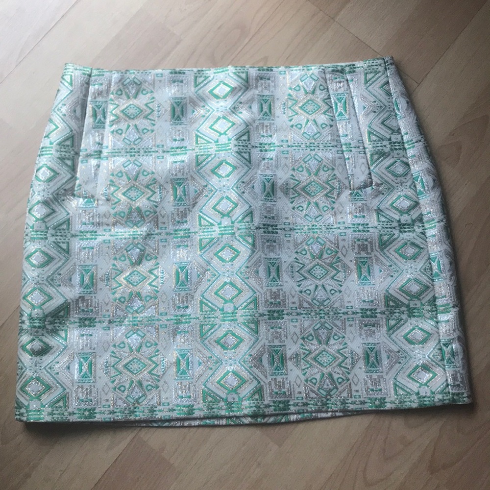 J. Crew Patterned Green and Gold Skirt
